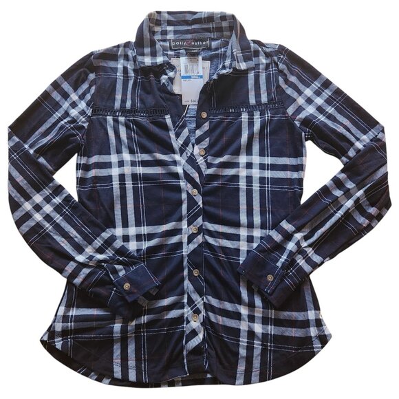 Polly & Esther Navy Blue Plaid Button Down Shirt Size Small - Picture 1 of 6